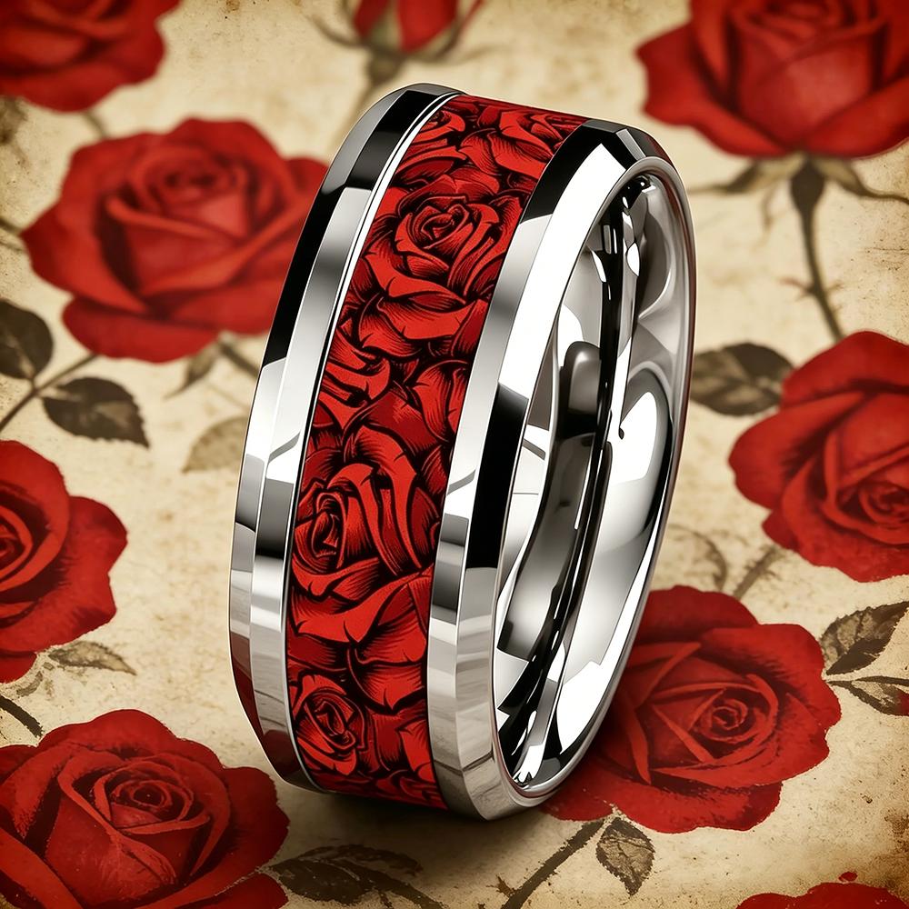 Fashion 8mm Men Stainless Steel Ring with Two-Tone Rose Flower Inlay Rings for Men Women Couple Wedding Party Jewelry No Fade