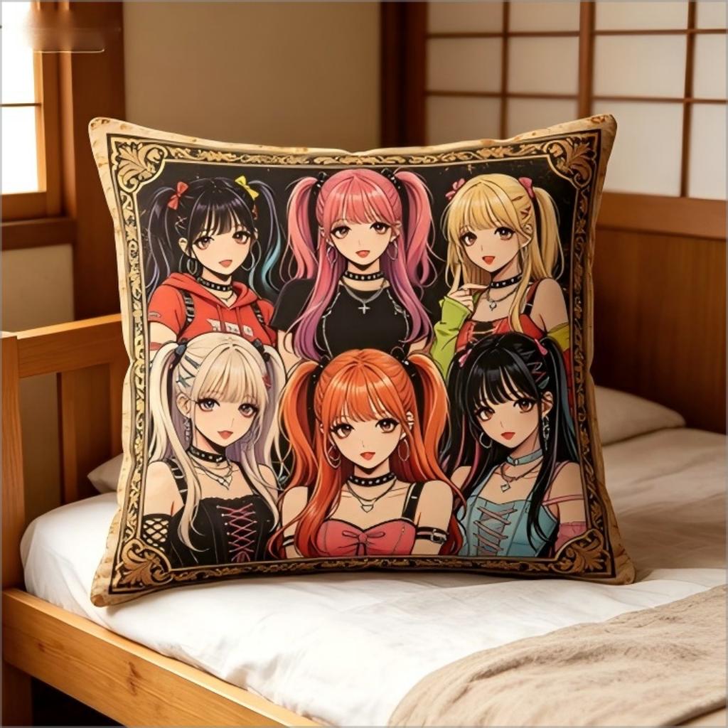 Vintage Kpop Style Idol Girl Group Throw Pillow Cover Retro Anime Art Decorative Cushion Case For Living Room Sofa Couch Home Decor