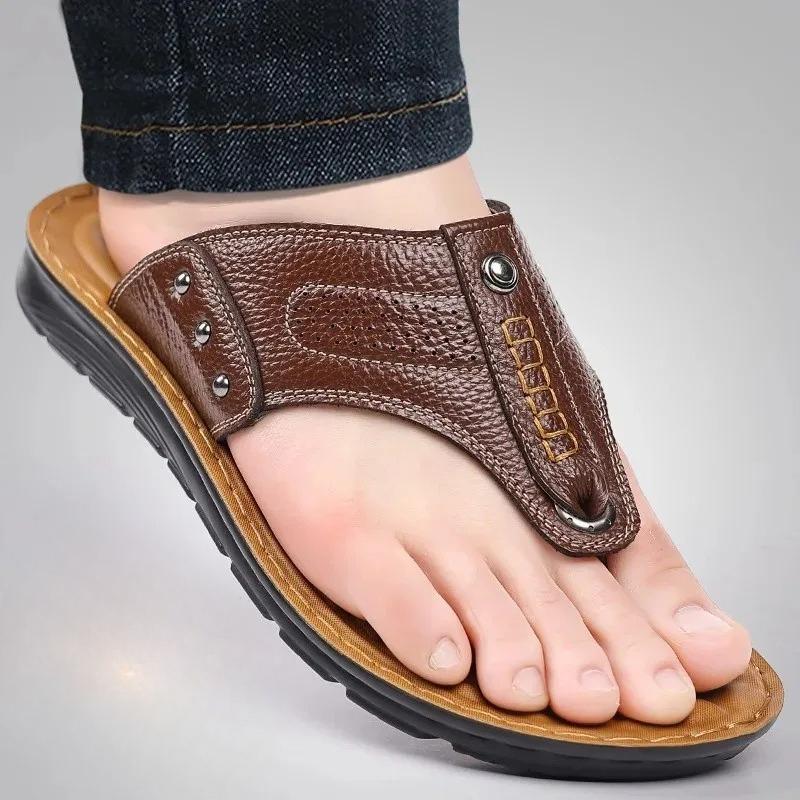 

Мужские сандалии из искусственной кожи Летние Нескользящие Толстая подошва Уличная Пляжная обувь Модные Шлепанцы Удобные Домашние тапочки Mele 38