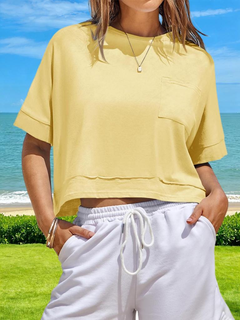 Womens Oversized Crop T Shirt Short Sleeve Workout Tee With Side Pockets