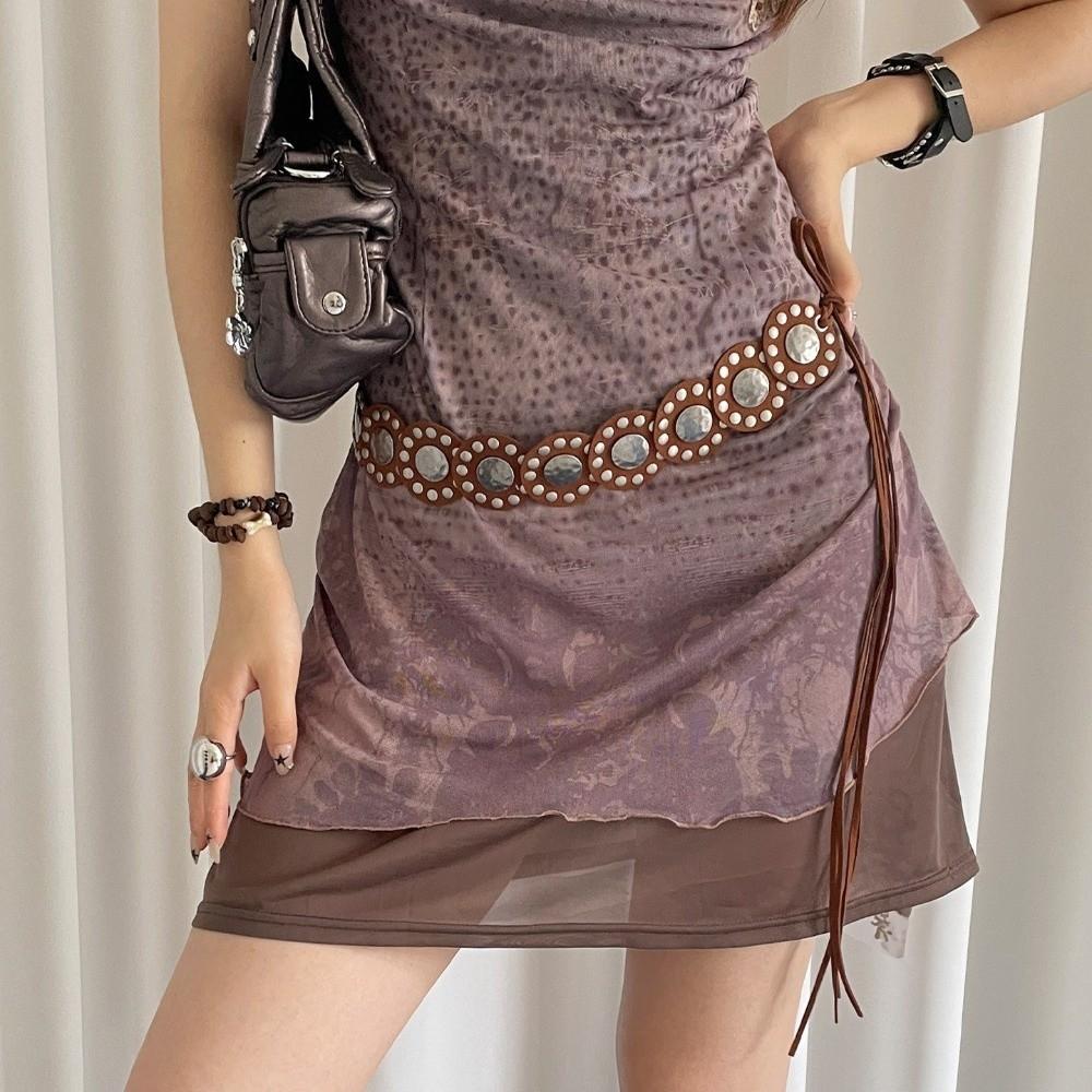 Vintage Women's Rivet Belt Black Coffee Dress Jeans Belt Leather Waist Belt  Waist Decoration