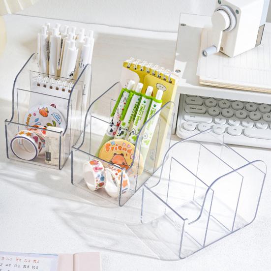 Desktop Storage Box with Mobile Phone Slot Transparent Acrylic 3-Compartment Organizer Clear Stationery Holder