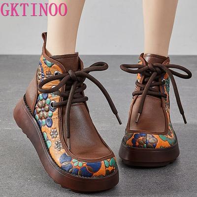 Fashion GKTINOO Genuine Leather Women Boots Retro Shoes 2024 New Autumn Winter Print Round Toe Lace-up Handmade Concise Platform Boots
