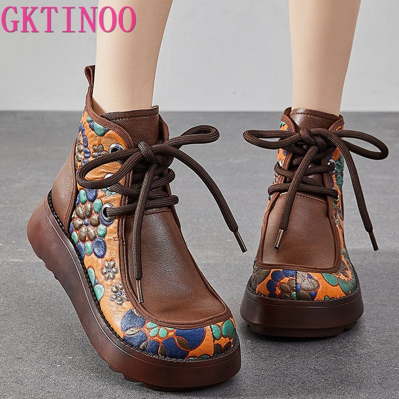 Fashion GKTINOO Genuine Leather Women Boots Retro Shoes 2024 New Autumn Winter Print Round Toe Lace-up Handmade Concise Platform Boots