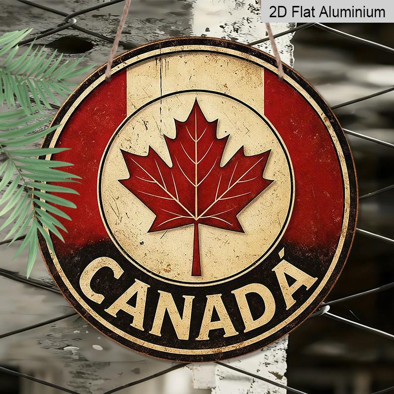 2D Flat, 1pc Round Aluminum Canada Maple Leaf Sign, Vintage Retro Canadian Flag Wall Decor, Waterproof & Durable, Perfect for Canada Day, Home