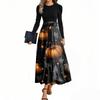 Women's Fashion Casual Belted Long Sleeve Round Neck Halloween Printed Elegant Temperament Dresses