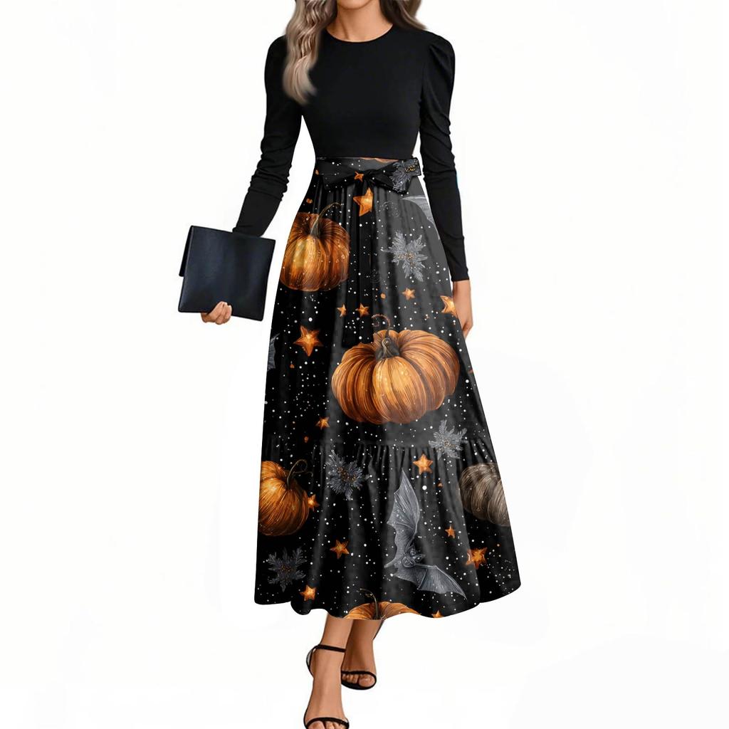 Women's Fashion Casual Belted Long Sleeve Round Neck Halloween Printed Elegant Temperament Dresses