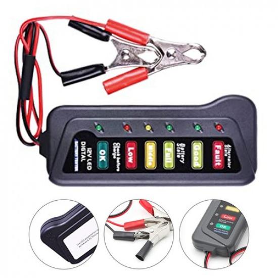 User Friendly 12V Car Battery Tester with Two Testing Clips and LED Lights