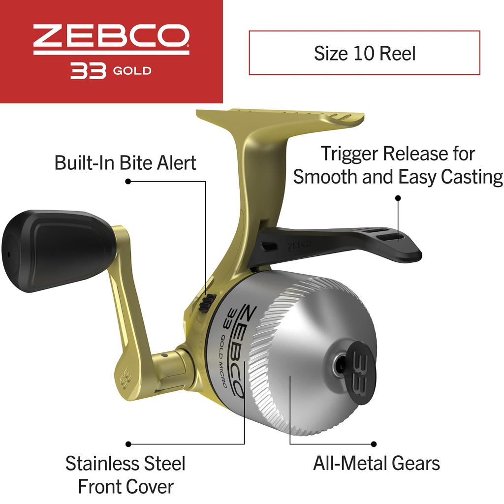 Zebco 33 Gold Micro Trigger Spinning Cast Reel Size 10 All-Metal Gear 4lb Zebco Cajun Line Included Silver and Gold