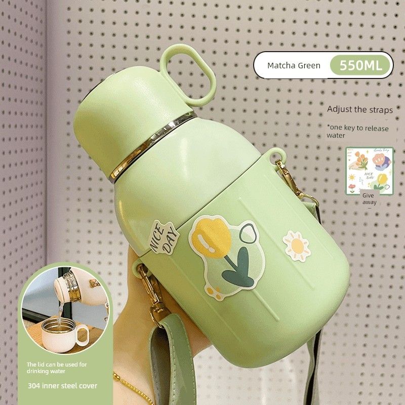 

Cup for Women with a Stylish Lid, Suitable for Drinking Water, Stainless Steel Large Belly Cup, Children s Water Bottle, Fashionable and Fresh Design Green 550Ml+Sticker