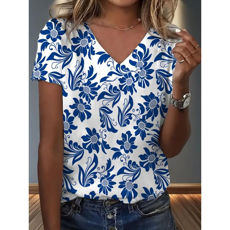 Womens V-Neck Loose Fit Short Sleeve T-Shirt With Colorful Geometric Starry Print Casual Top