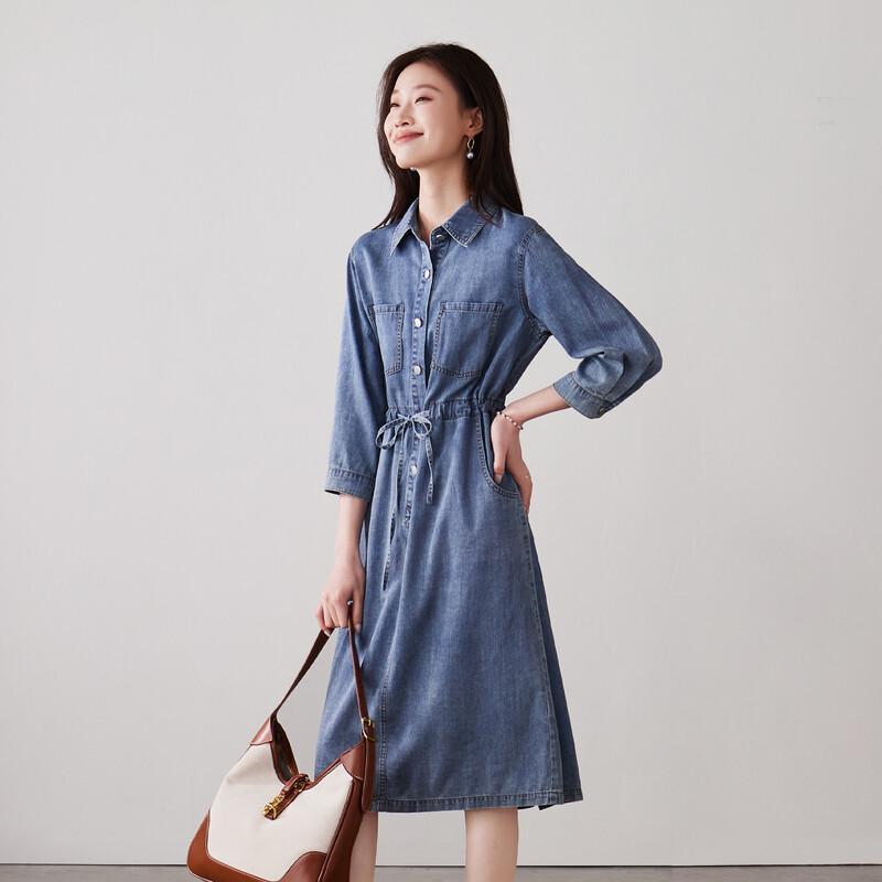 SOFSIL Women's Belted Long Sleeve Denim Midi Dress