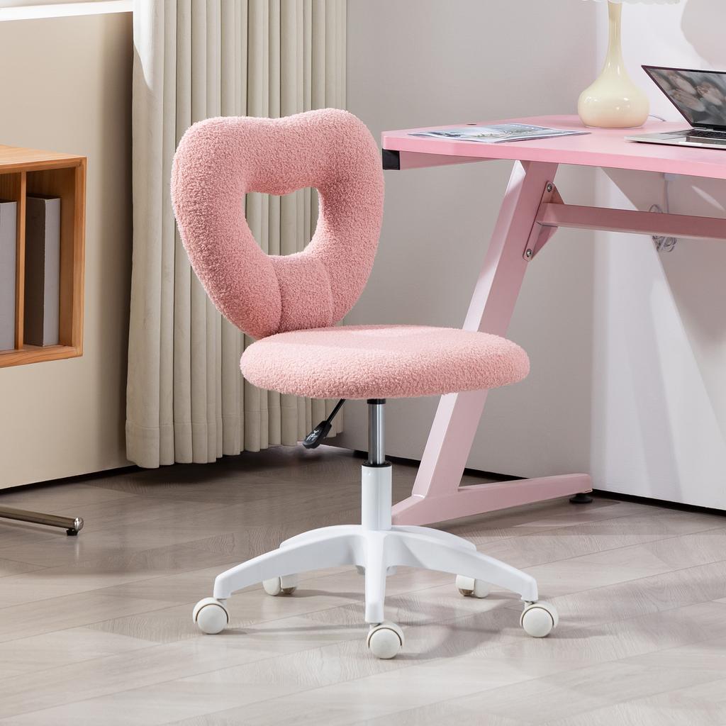 Armless Heart Computer Desk Chair, Teddy Fleece Swivel Office Chair, Makeup Vanity Chair with Height Adjustable, Wheels, for Home Study Bedroom, Pink