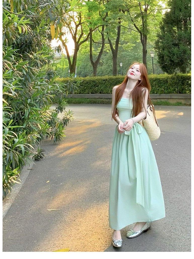 2026 Mint Green French Bandeau Dress - Off-the-Shoulder, Waist-Cinched Beach Vacation Style Medium