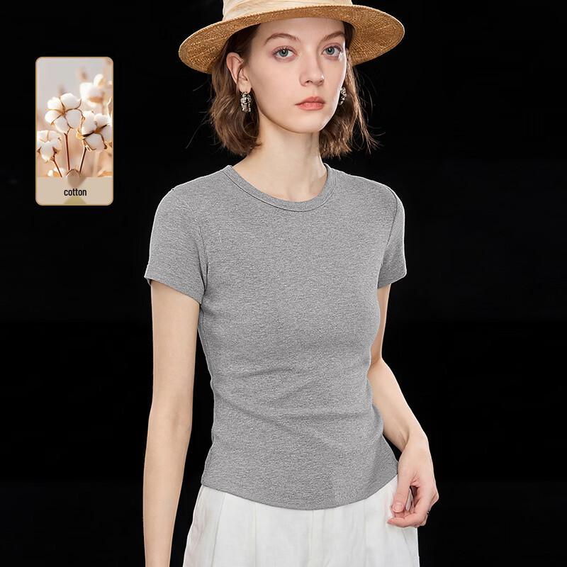 Wudao French Round Neck Slim Fit Short Sleeve T-Shirt M