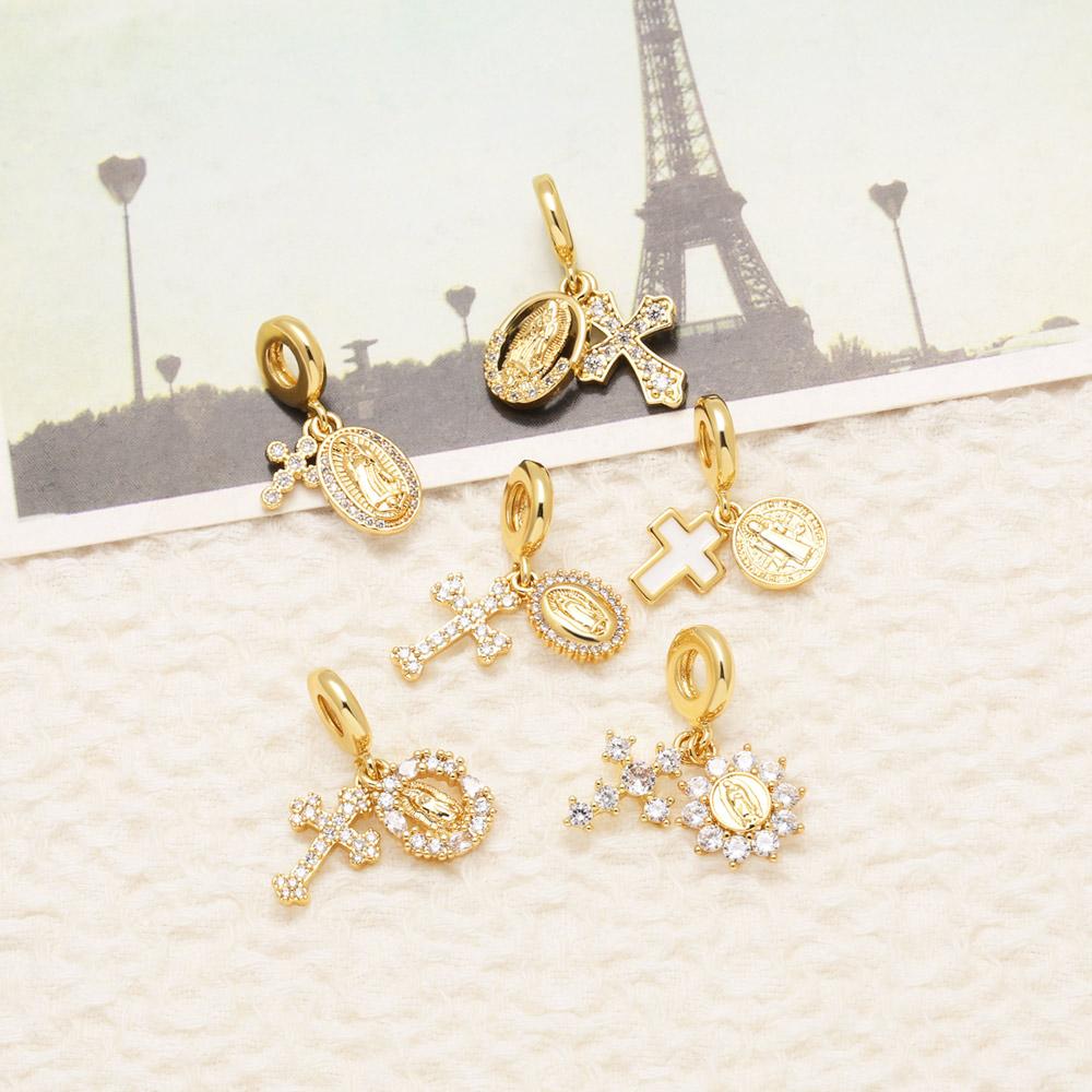 OCESRIO White Crystal Cross Virgin Mary Pendant for Necklace Copper Gold Plated Enamel Crucifix Jewelry Making Supplies pdtb712