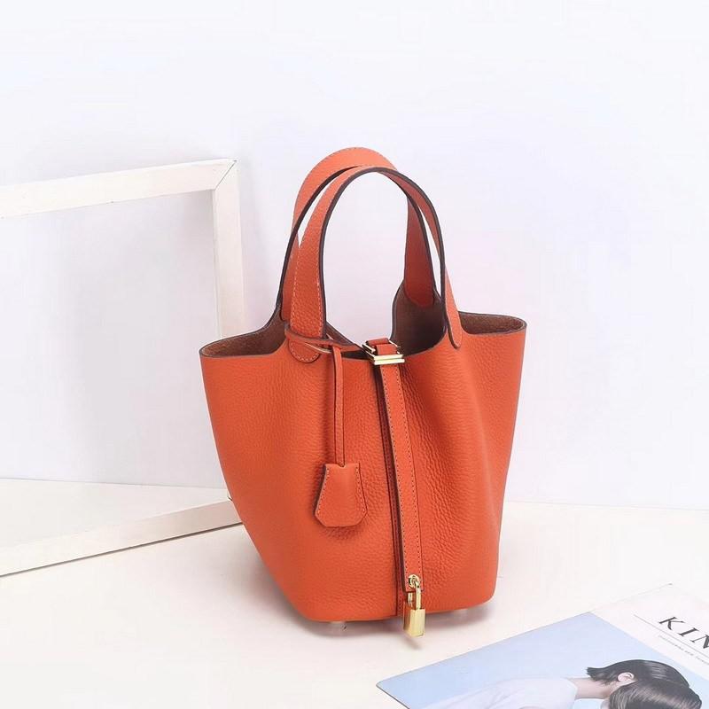 First-layer Lychee Pattern Leather Bucket Bag Brand Fashionable Gold Button Cowhide Vegetable Basket Women's
