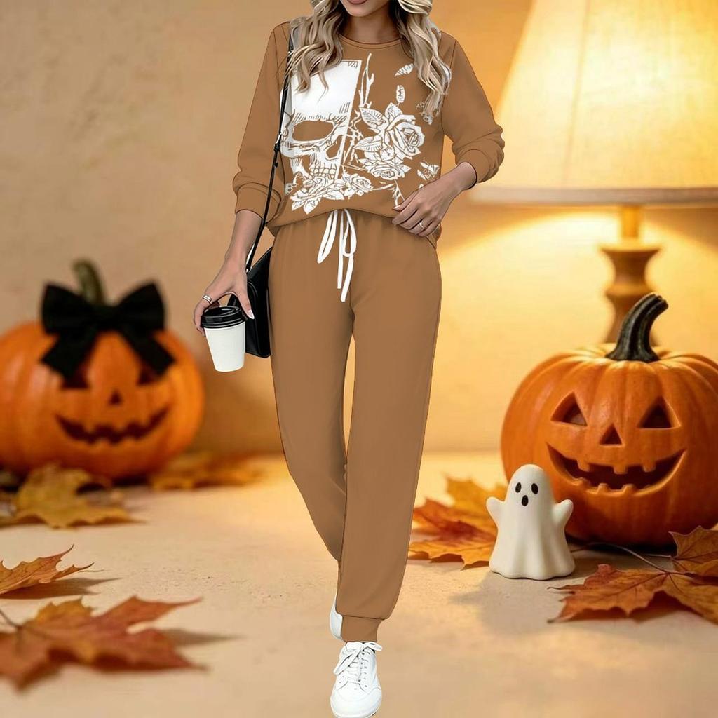 Damen Halloween Print Zweiteiliges Outfit, Langarm Rundhals Oberteil & Jogginghose mit Kordelzug Lässiger Trainingsanzug für Frühling Herbst