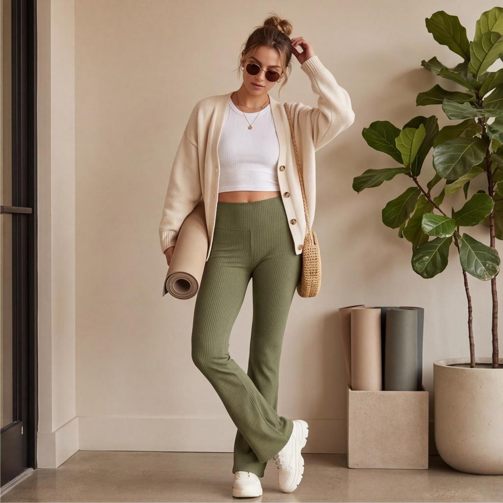 High Waist Ribbed Flared Leggings for Women Slim Fit Stretchy Bootcut Pants with Tummy Control and Butt Lifting Design for Yoga Fitness