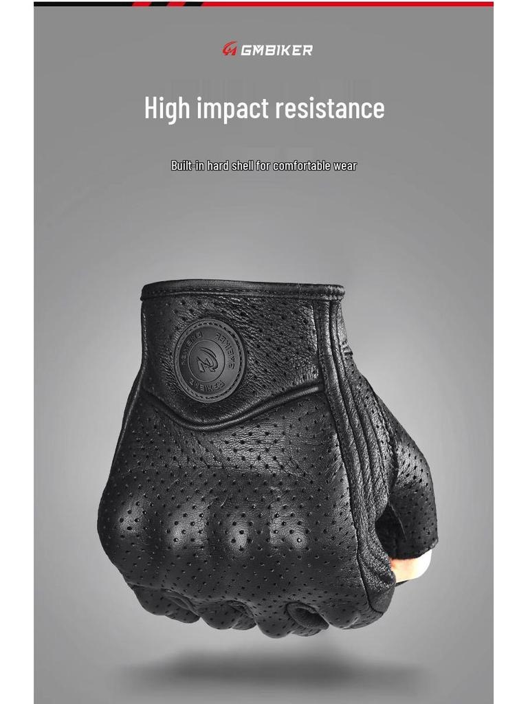 GMBIKER Genuine Leather Retro Motorcycle Half-Finger Gloves - Anti-Fall, Breathable, Full-Finger Optional for Summer Riding