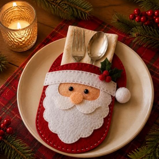 Christmas Cutlery Holder Felt DIY Kit, Holiday Flatware Pouch Craft Set, Handmade Utensil Sleeve for Dinner Table, Xmas Party