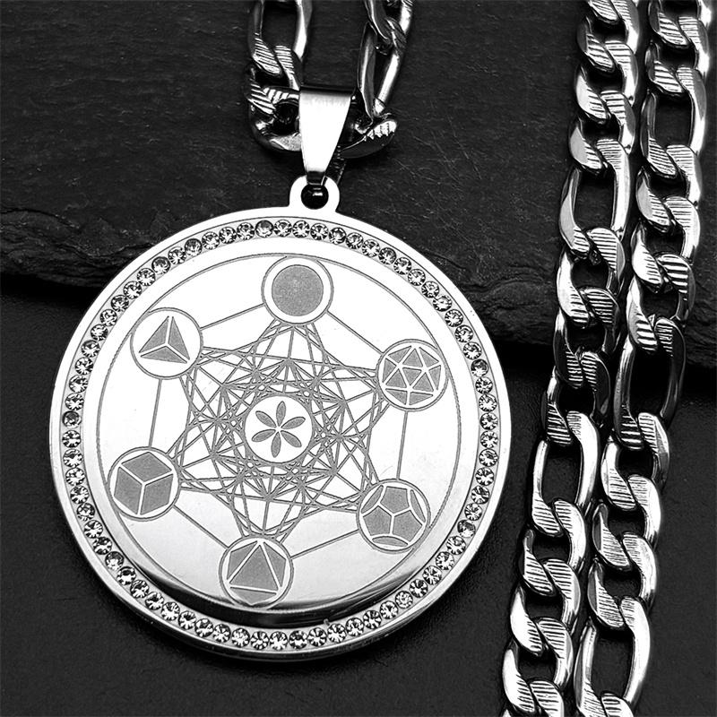 Crystals Sacred Geometry Metatron Angel Seal Archangel Necklace for Women Men Stainless Steel Flower of Life Chain Jewelry