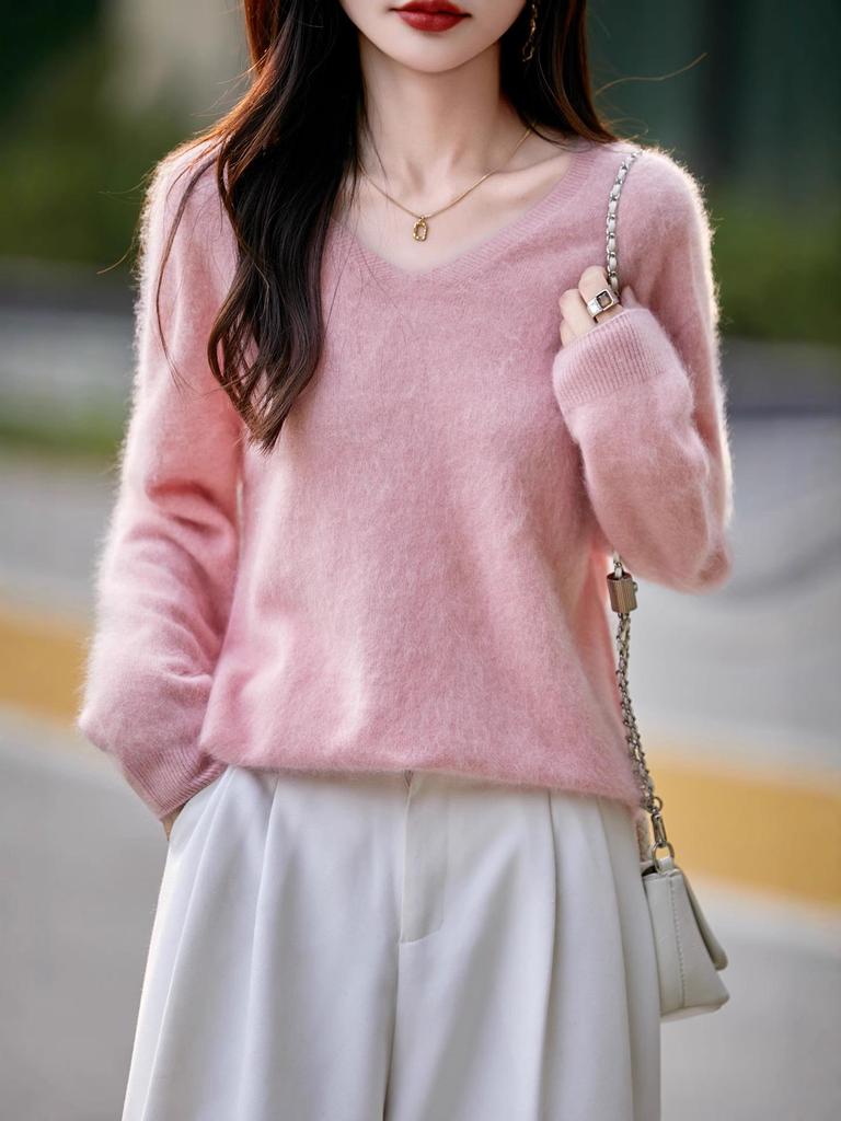 Autumn & Winter 100% Pure Wool V-Neck Loose Women's Knitted Sweater