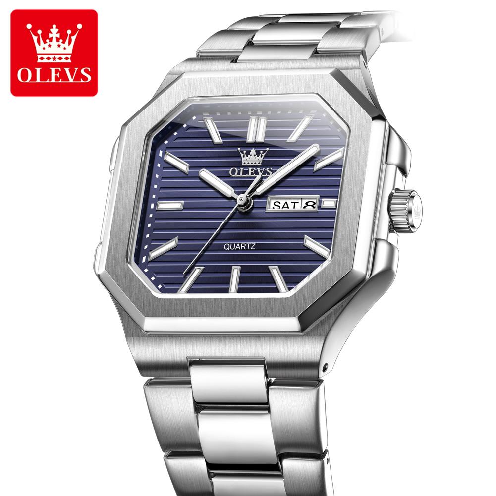 OLEVS Brand Original Square Quartz Watches Men's Classic Fashion Stainless Ssteel Waterproof Luminous Week Date Watch For Men