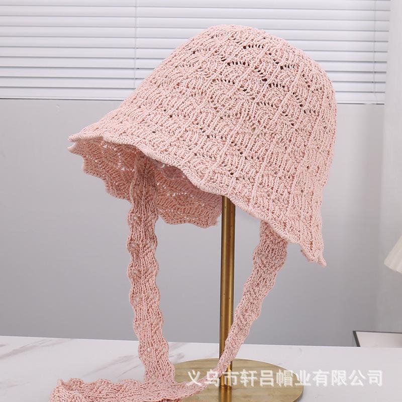 Spring and summer new hollow knitted strap breathable bucket hat women's seaside vacation wavy lace elegant sunscreen hat