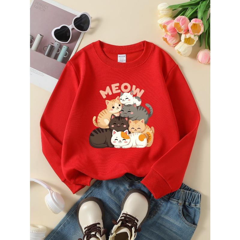 European sizes Girls Cute Cat Stack Crewneck Sweatshirt, Western Style Soft Comfortable Long Sleeved Casual T-Shirt