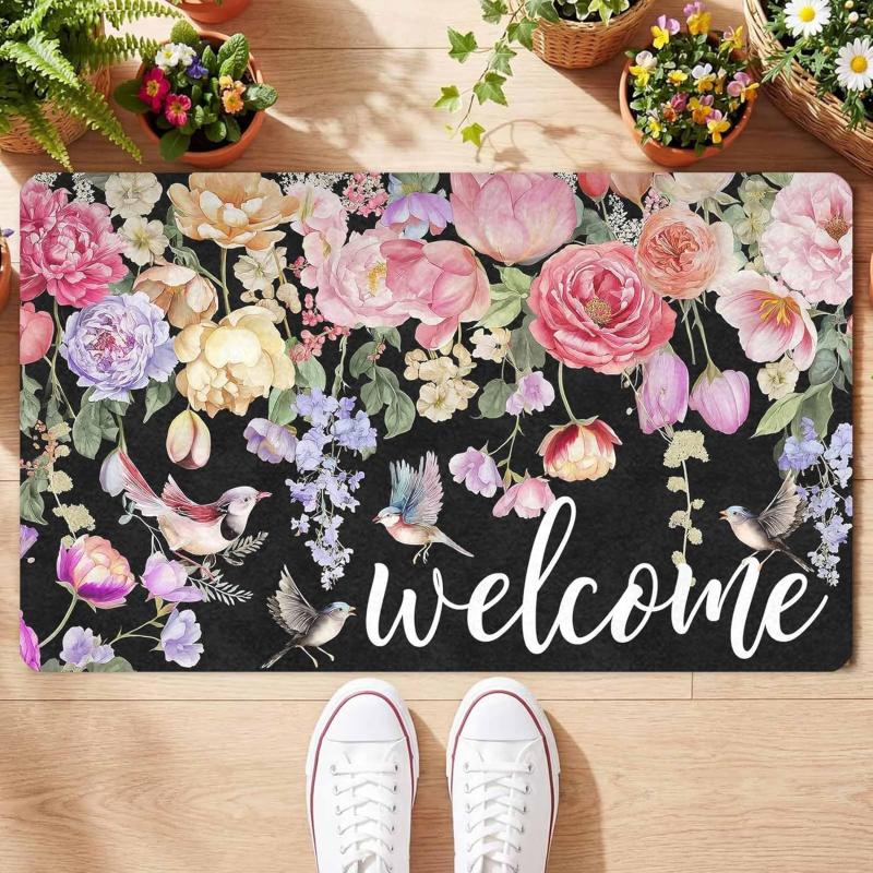 Watercolor Floral Welcome Floor Mat For Terrace Porch Floor Carpet Anti-Slip Washable Kitchen Carpet Home Decoration