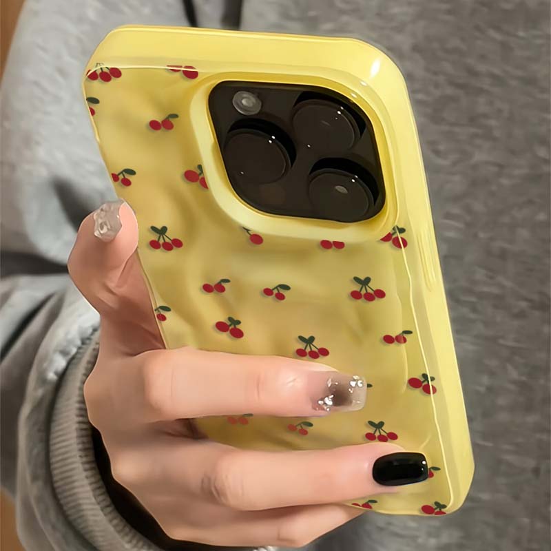 Schattige Kersen Vouwen Textuur Telefoonhoesje Voor iPhone 16 15 12 11 Pro Max 13 14 Pro Plus Schokbestendig Antislip Zachte Cover Shell Fundas