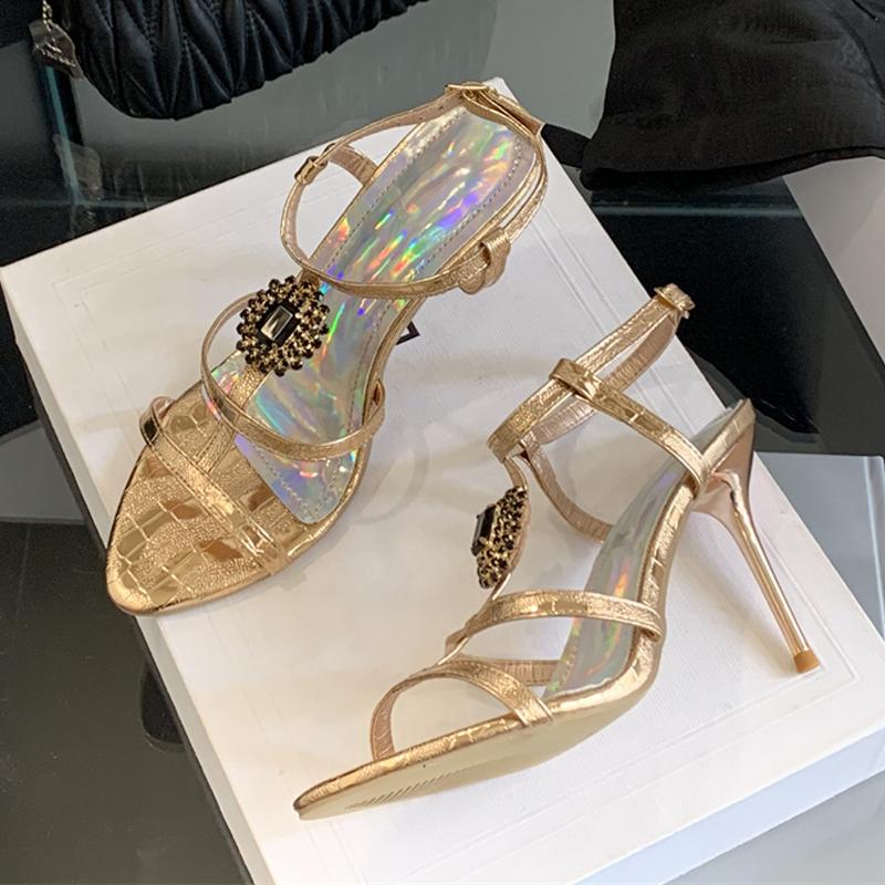 Fashion Liyke 2025 Neue Mode Edelsteinriemen Knöchelschnalle Damen Sandalen Sommer Offene Zehen Goldene Hohe Absätze Hochzeit Ballschuhe Zapatos Mujer