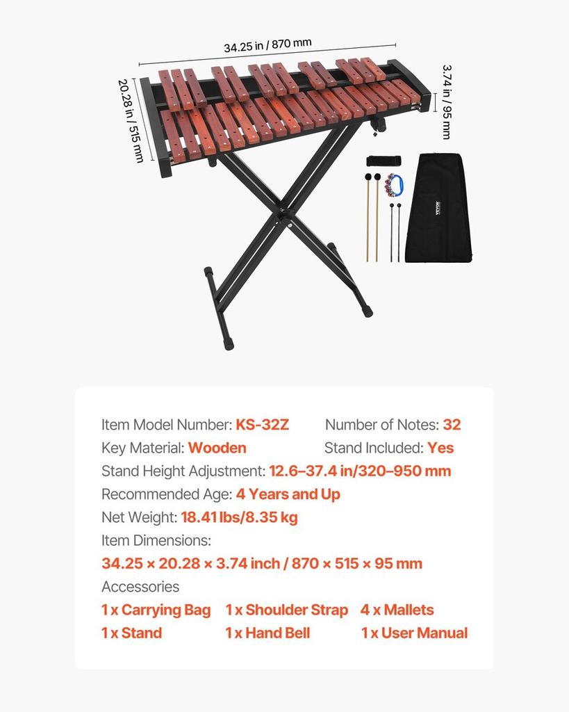 Glockenspiel Xylophone, 32 Notes, Wooden Professional Xylophone Percussion Instrument, with Height Adjustable Stand, 4 Mallets, Carrying Bag, Beginner