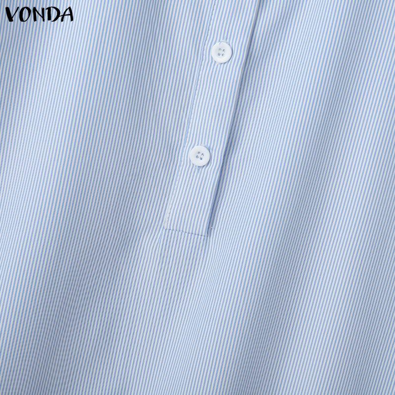 VONDA Elegant Women Lapel Neck Long Sleeve Striped Ruffled Casual Shirts Dress