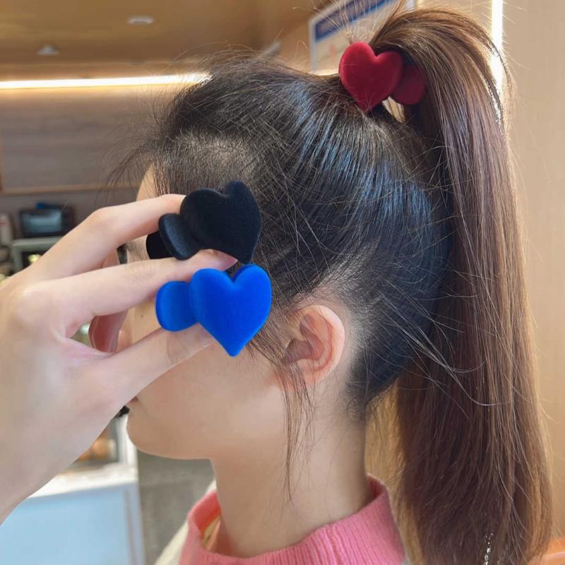 2PCS Vintage Solid Color Flocking Heart Hairpin Simple Grabber High Tail Wagon Style Hair Accessories For Men Women Children