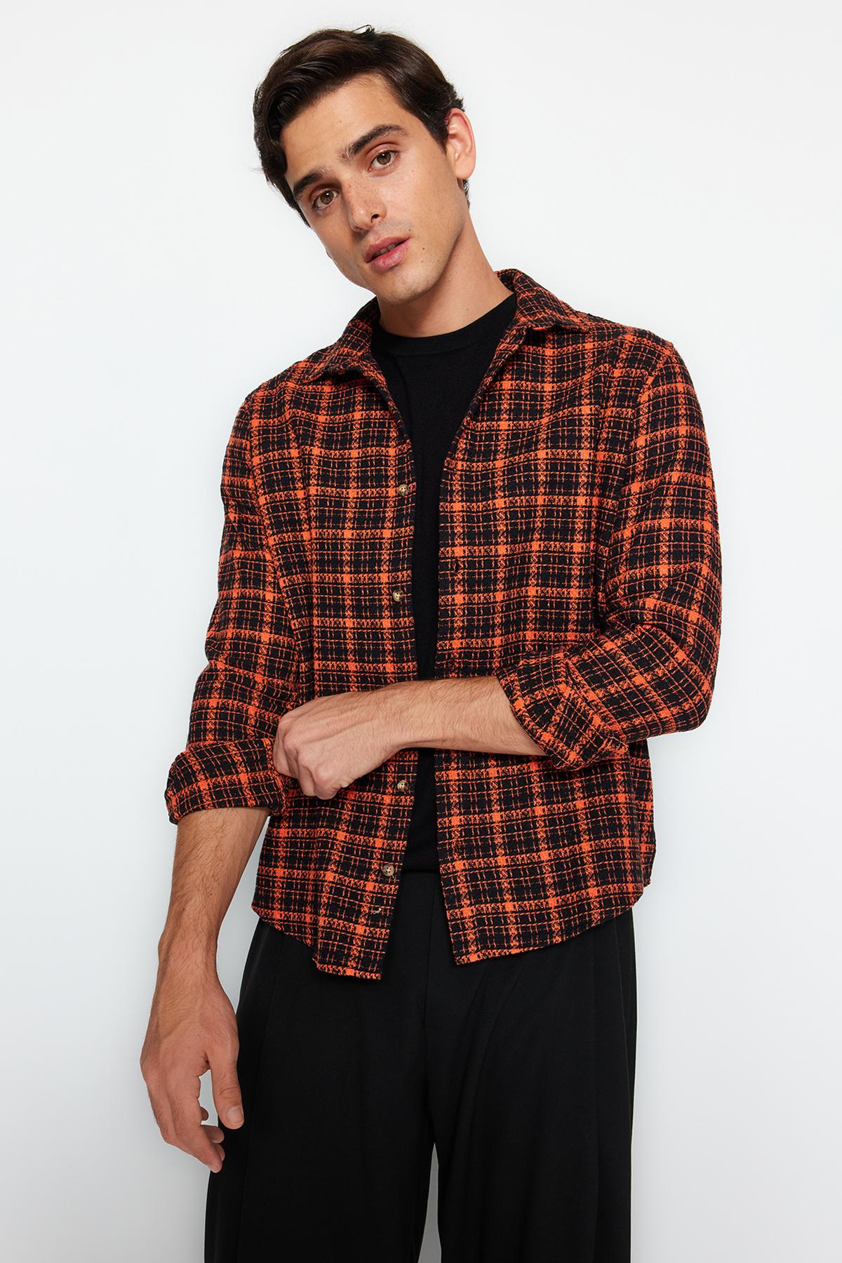 

Оранжевая мужская твидовая рубашка стандартного кроя в клетку TMNAW23GO00040..