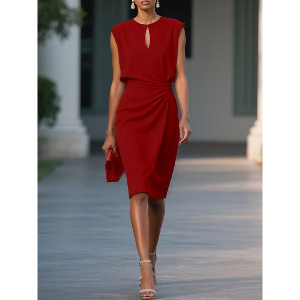 Retro Solid Color Cross Tie Cutout Round Neck Elegant Casual Dress for Women European American Style