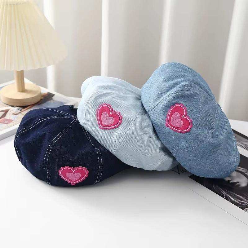 Women's Pink Denim Beret Hat - Heart Love Octagonal Cap Soft Artist Painter Hat Korean Sweet Style Solid Cotton - One Size