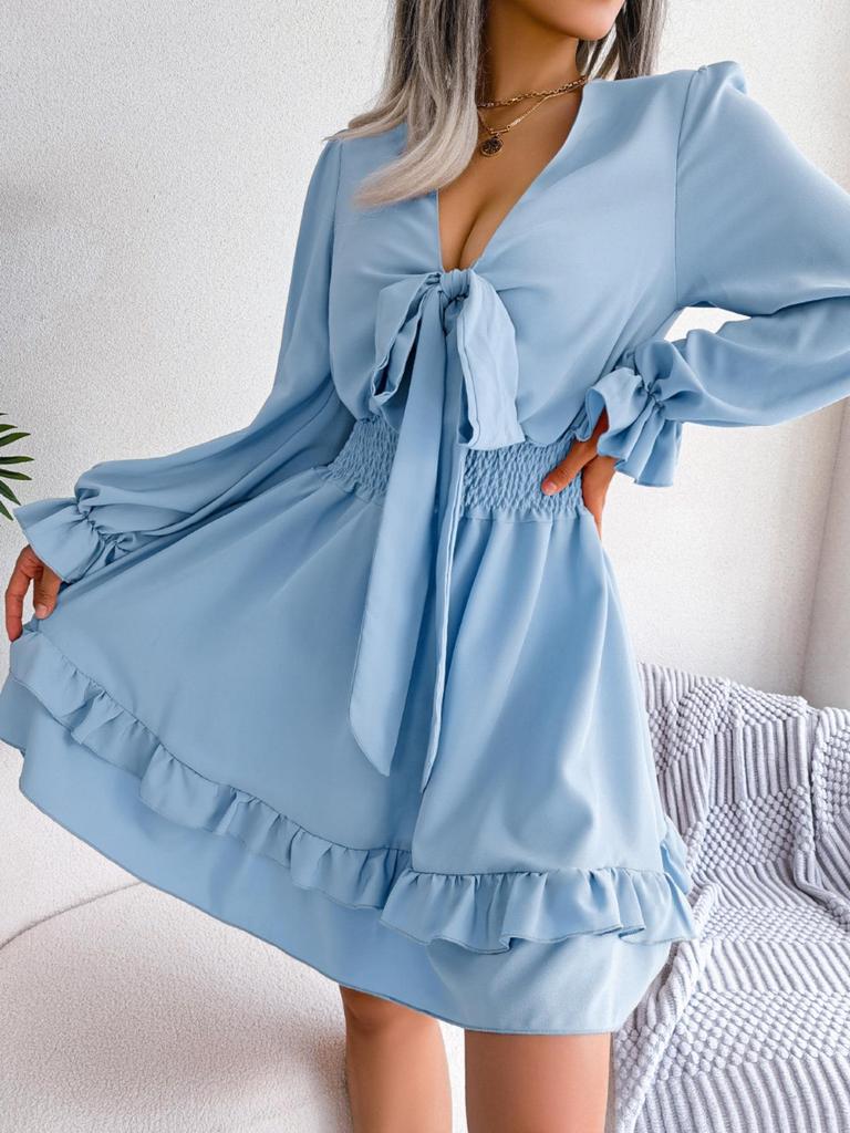 V Neck Solid Color Dress Waist Hugging  Elegant Fungus Dress for Women Long Sleeve Loose Dresses Causal Dress
