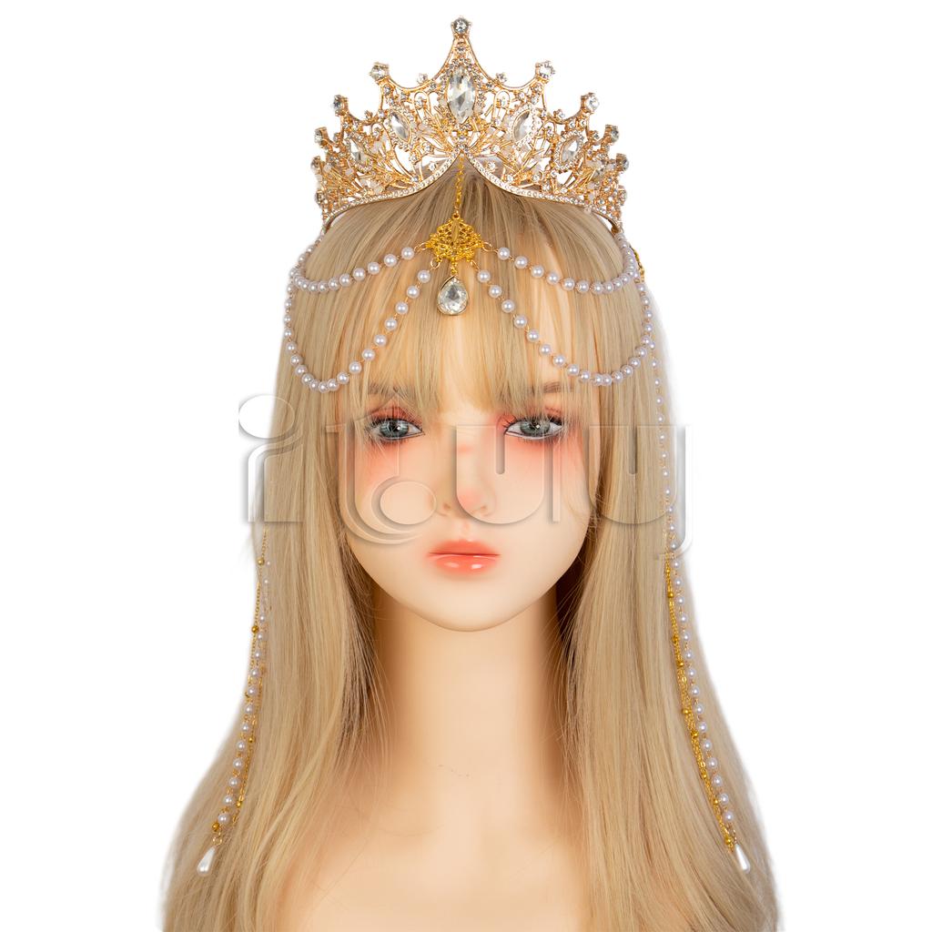 Lolita Angel Wings Gold Sun Leaves Spiked Sunburst Halo Crown Headpiece Goth Crystal Pearl Pendant Holy Crown Bride Wedding Gift