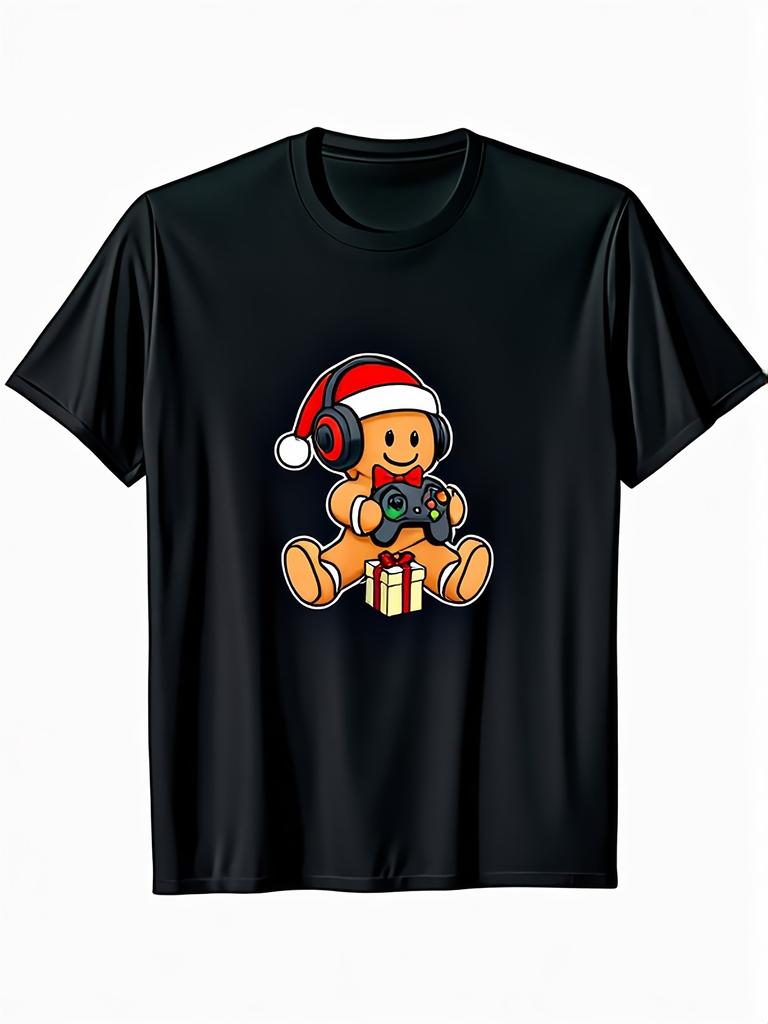 Unisex T-shirt Happy Christmas gingerbread game players, wearing red hats, carrying gift boxes, and men's novelty T