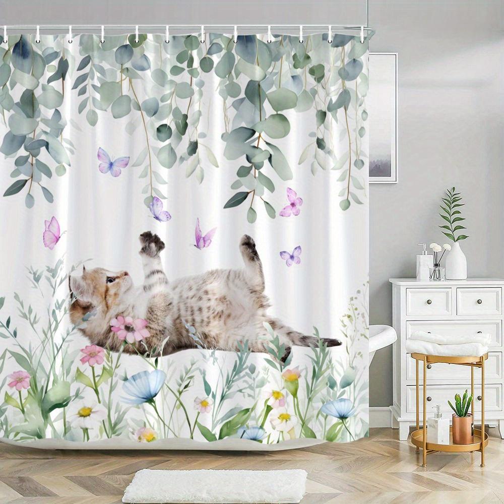 1 playful spotted kitten snuggles among soft flowers, falling leaves and purple butterflies. Polyester fabric 90X180cm
