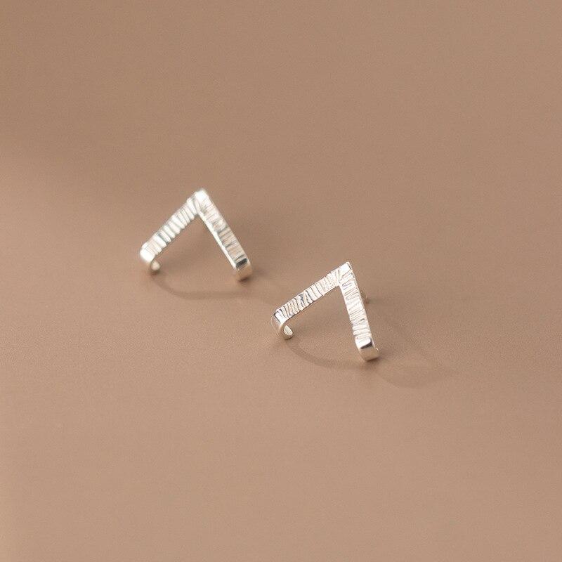 Real 925 Sterling Silver Simple V-shaped Stripe Stud Earrings for Women Men Unisex