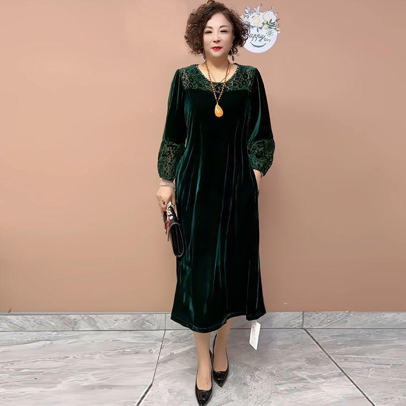 

Женское платье большого размера класса люкс Длинное золотое бархатное платье Вязаное свободное А-силуэта Шелковое платье Осень Зима 2XL темно-зеленого