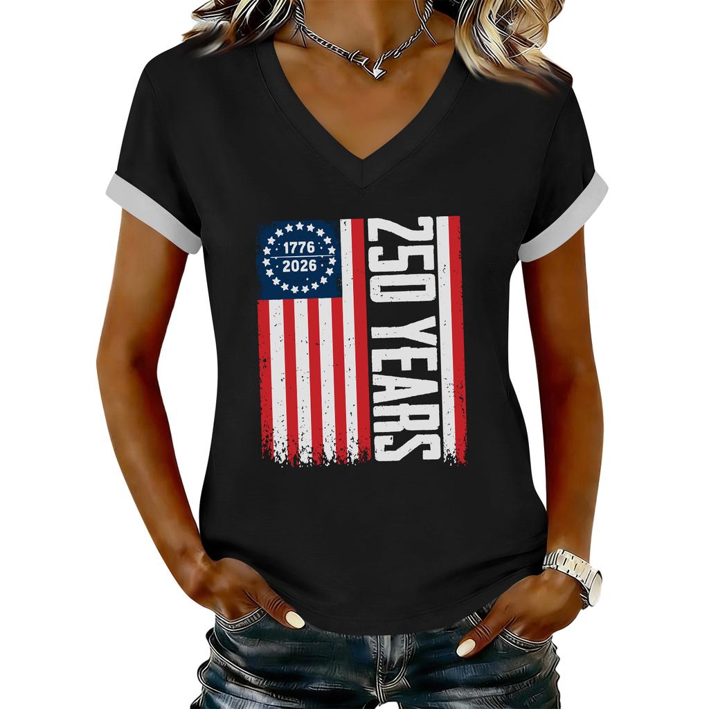 Women's Casual Printed T-Shirt V Neck Pullover Short Sleeve Top