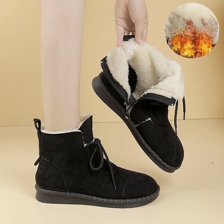 Thick-fibered Cotton Boots for Women, New Style, Soft Leather, Retro Casual Flat Shoes