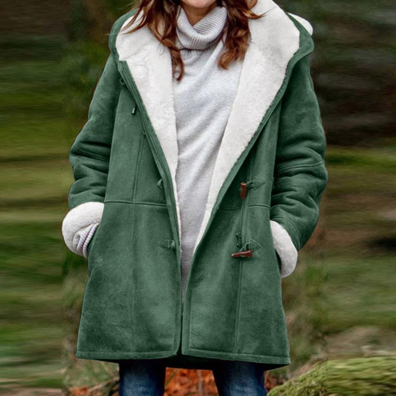 Women's Long-Sleeved Horn-Button Fleece-Lined Warm Coat