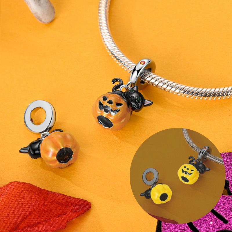 Halloween Series Charms Bead Copper Luminous Pumpkin Skull Witch Black Cat Fit Bangle Bracelet Necklace Diy Jewelry