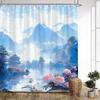 1Pc Fantasy Landscape Bath Curtain - Misty Blue Mountains, Pink Cherry Blossoms & East Asian Pagodas Reflective Lake Ethereal